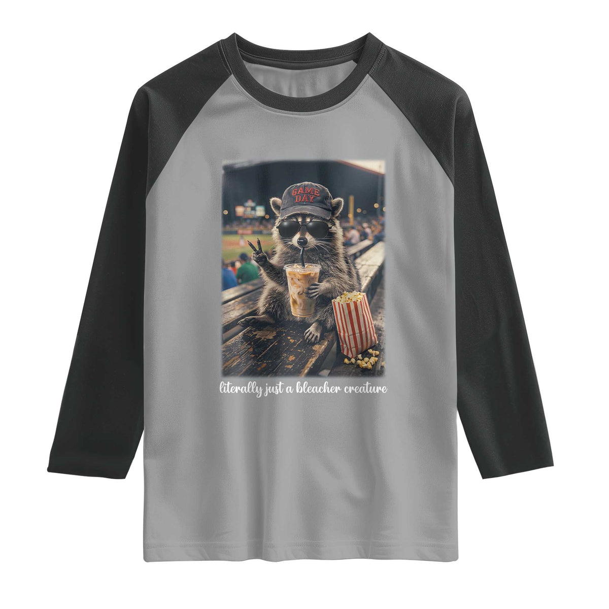 Literally Just A Bleacher Creature Funny Raccoon Baseball Graphic Raglan Shirt Cool Game Day Fan Gift