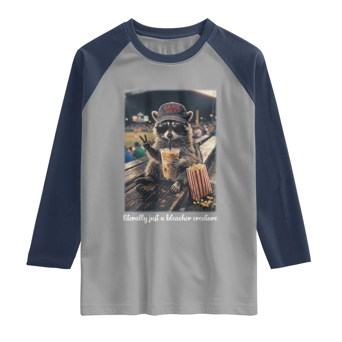 Literally Just A Bleacher Creature Funny Raccoon Baseball Graphic Raglan Shirt Cool Game Day Fan Gift