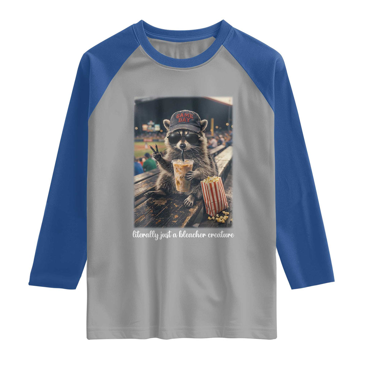 Literally Just A Bleacher Creature Funny Raccoon Baseball Graphic Raglan Shirt Cool Game Day Fan Gift