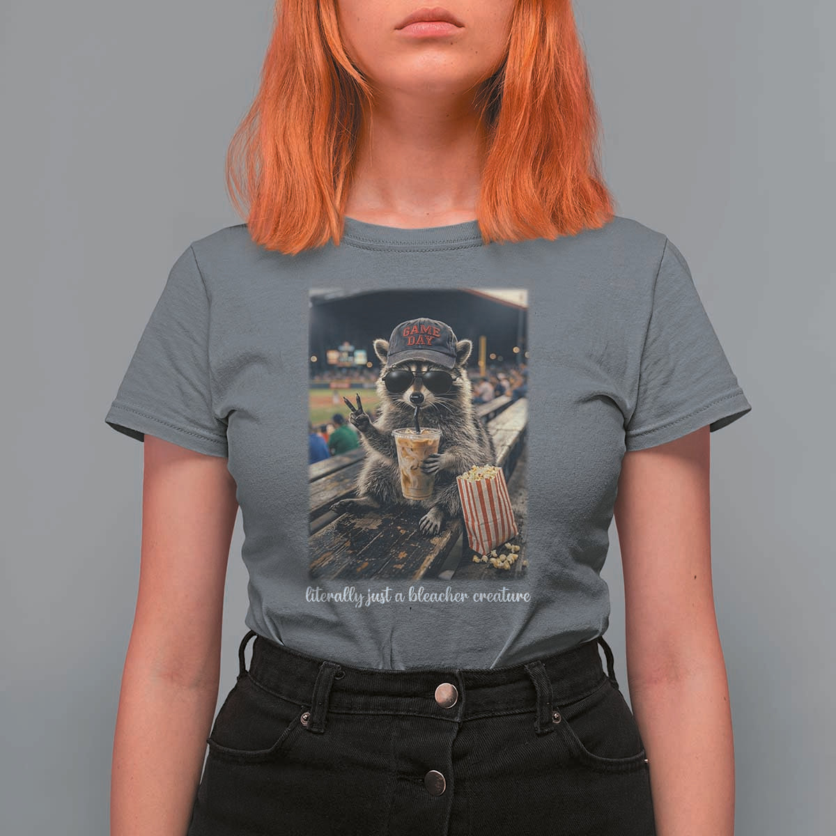 Literally Just A Bleacher Creature Funny Raccoon Baseball Graphic T Shirt For Women Cool Game Day Fan Gift