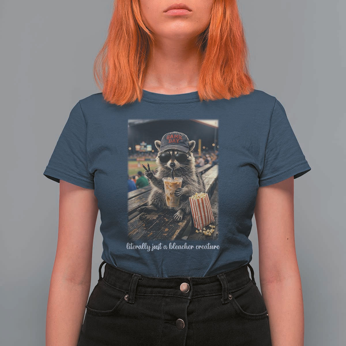 Literally Just A Bleacher Creature Funny Raccoon Baseball Graphic T Shirt For Women Cool Game Day Fan Gift