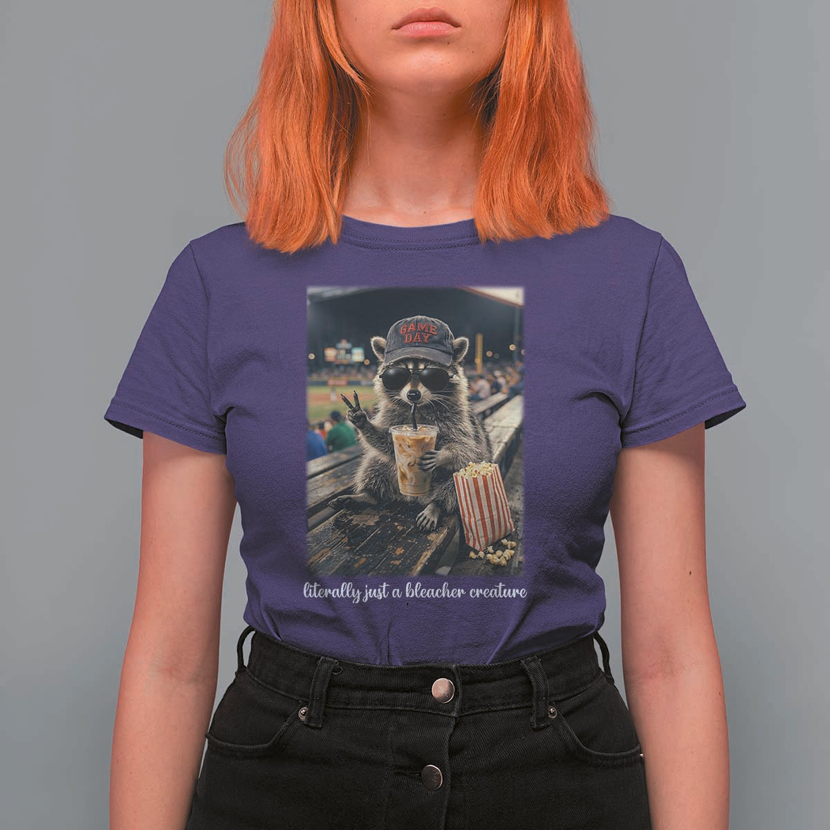 Literally Just A Bleacher Creature Funny Raccoon Baseball Graphic T Shirt For Women Cool Game Day Fan Gift
