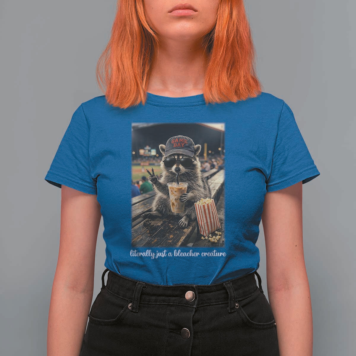 Literally Just A Bleacher Creature Funny Raccoon Baseball Graphic T Shirt For Women Cool Game Day Fan Gift
