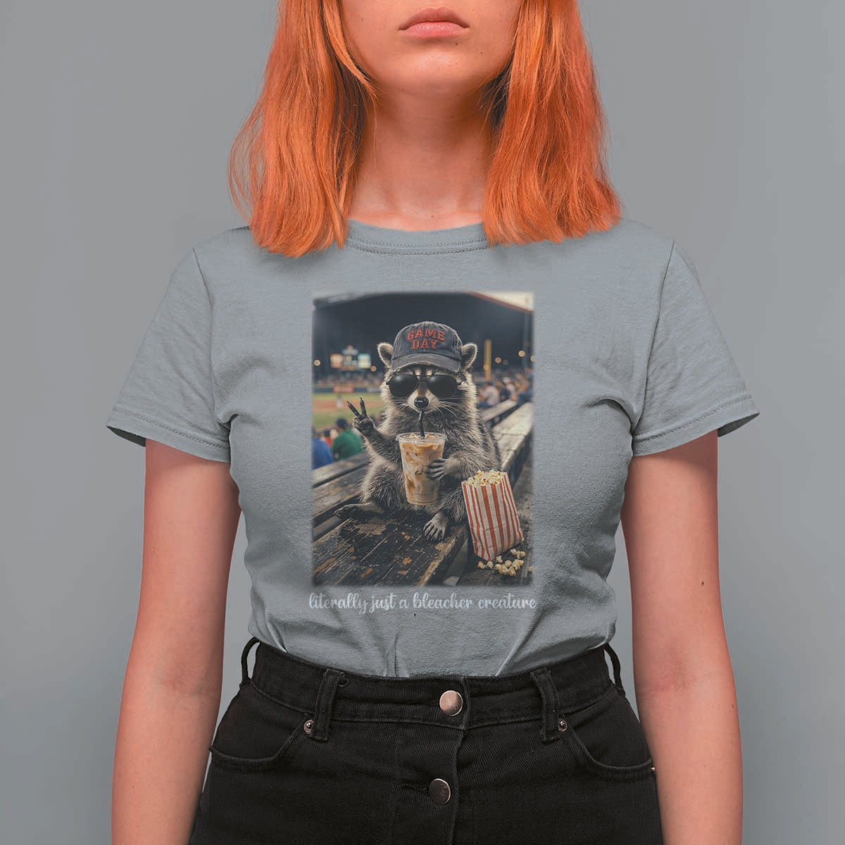 Literally Just A Bleacher Creature Funny Raccoon Baseball Graphic T Shirt For Women Cool Game Day Fan Gift