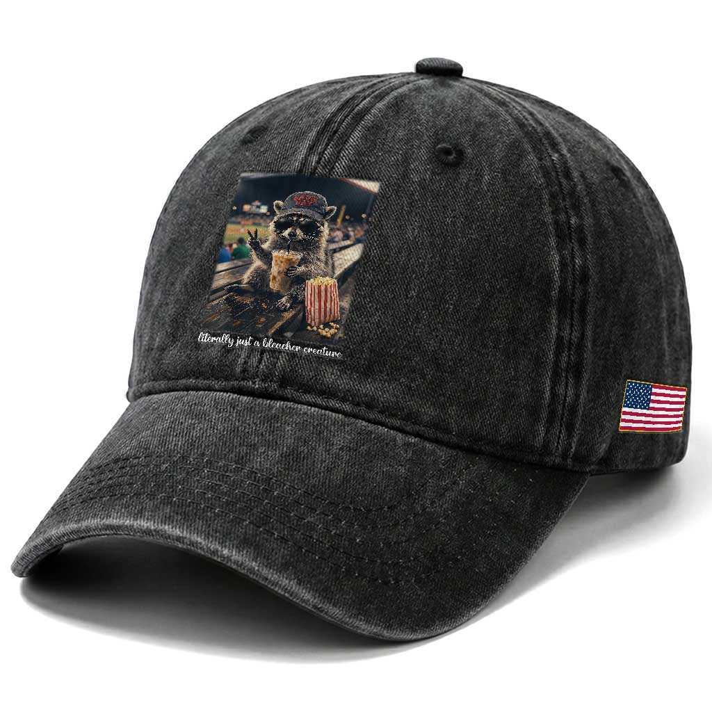 Literally Just A Bleacher Creature Funny Raccoon Baseball Graphic Washed Cotton Baseball Cap Cool Game Day Fan Gift
