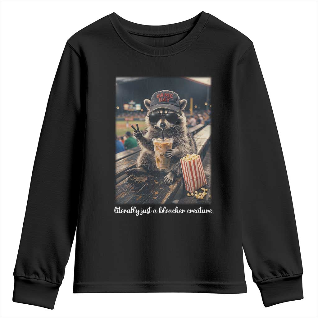 Literally Just A Bleacher Creature Funny Raccoon Baseball Graphic Youth Sweatshirt Cool Game Day Fan Gift