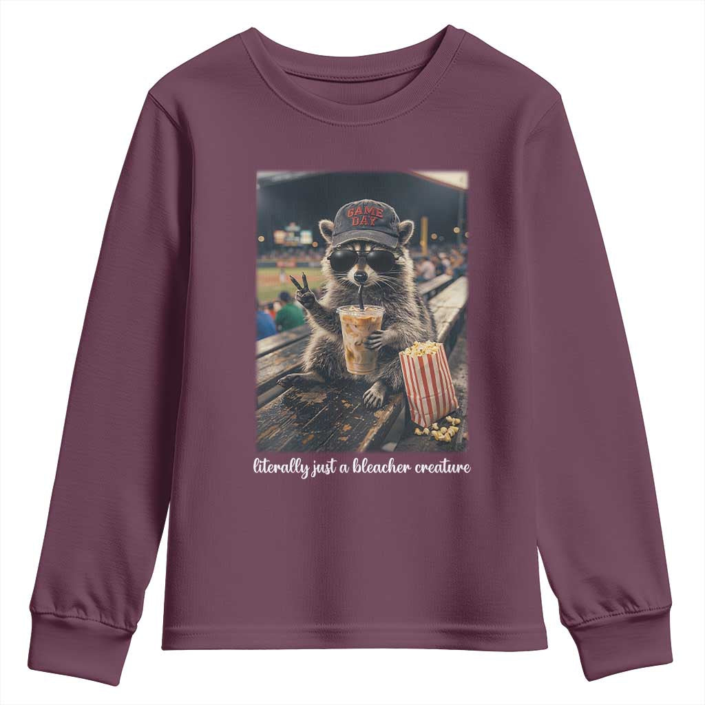 Literally Just A Bleacher Creature Funny Raccoon Baseball Graphic Youth Sweatshirt Cool Game Day Fan Gift