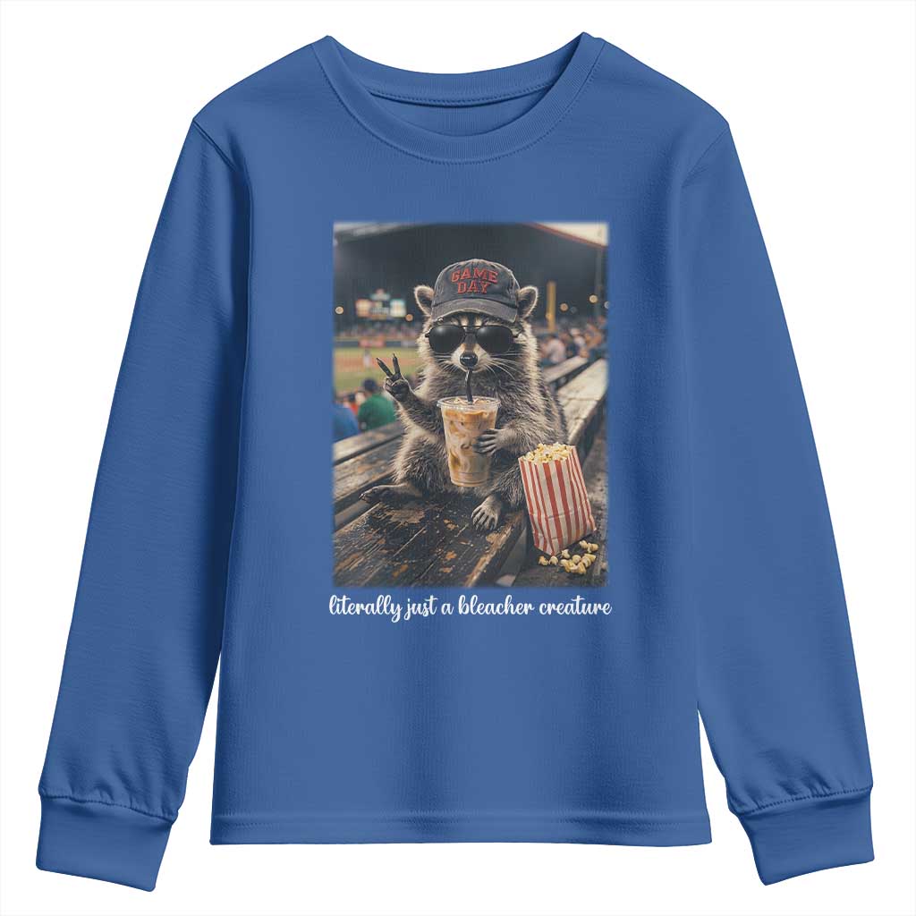 Literally Just A Bleacher Creature Funny Raccoon Baseball Graphic Youth Sweatshirt Cool Game Day Fan Gift