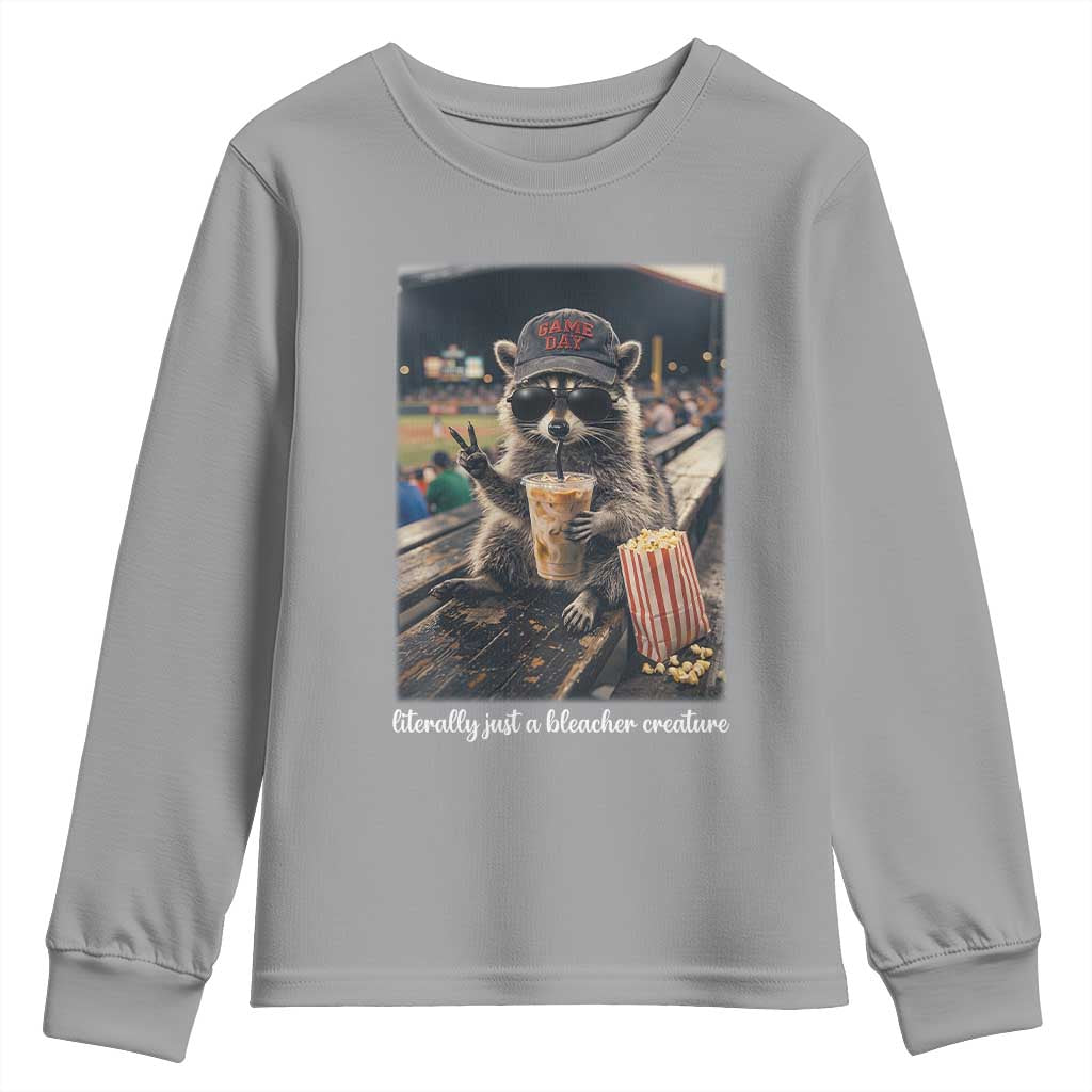 Literally Just A Bleacher Creature Funny Raccoon Baseball Graphic Youth Sweatshirt Cool Game Day Fan Gift