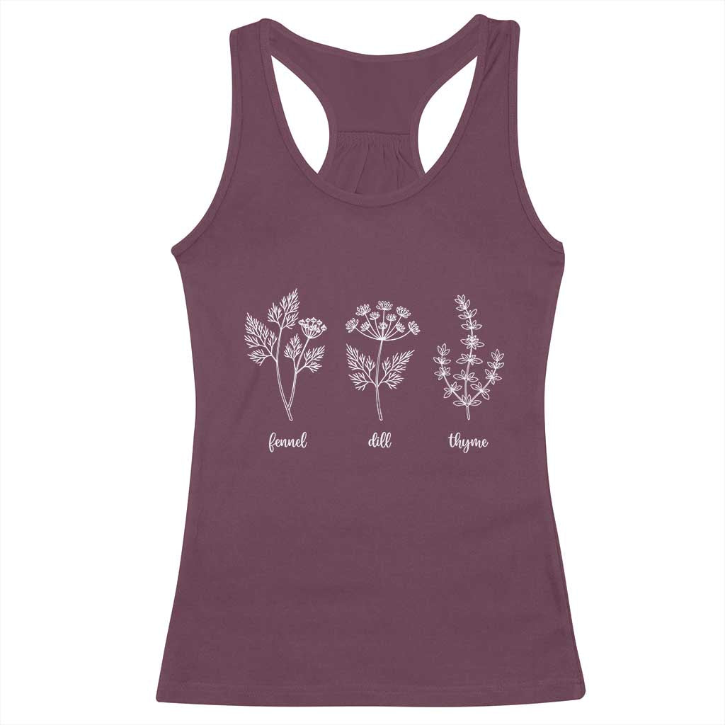 Fennel Dill Thyme Subtle FDT Racerback Tank Top Botanical Herb Line Art Political Satire