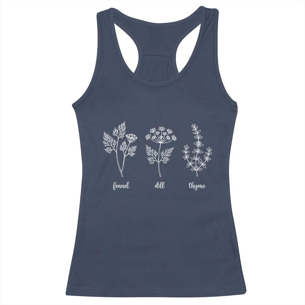 Fennel Dill Thyme Subtle FDT Racerback Tank Top Botanical Herb Line Art Political Satire