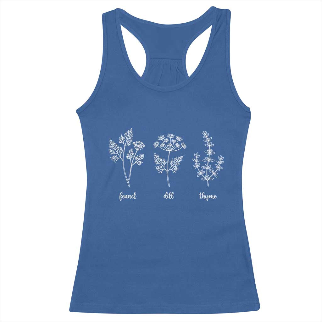 Fennel Dill Thyme Subtle FDT Racerback Tank Top Botanical Herb Line Art Political Satire