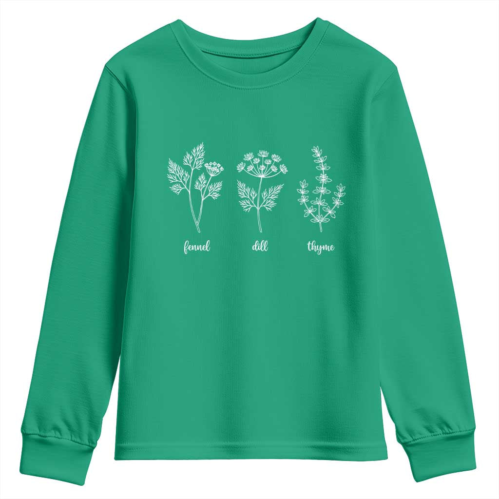 Fennel Dill Thyme Subtle FDT Youth Sweatshirt Botanical Herb Line Art Political Satire