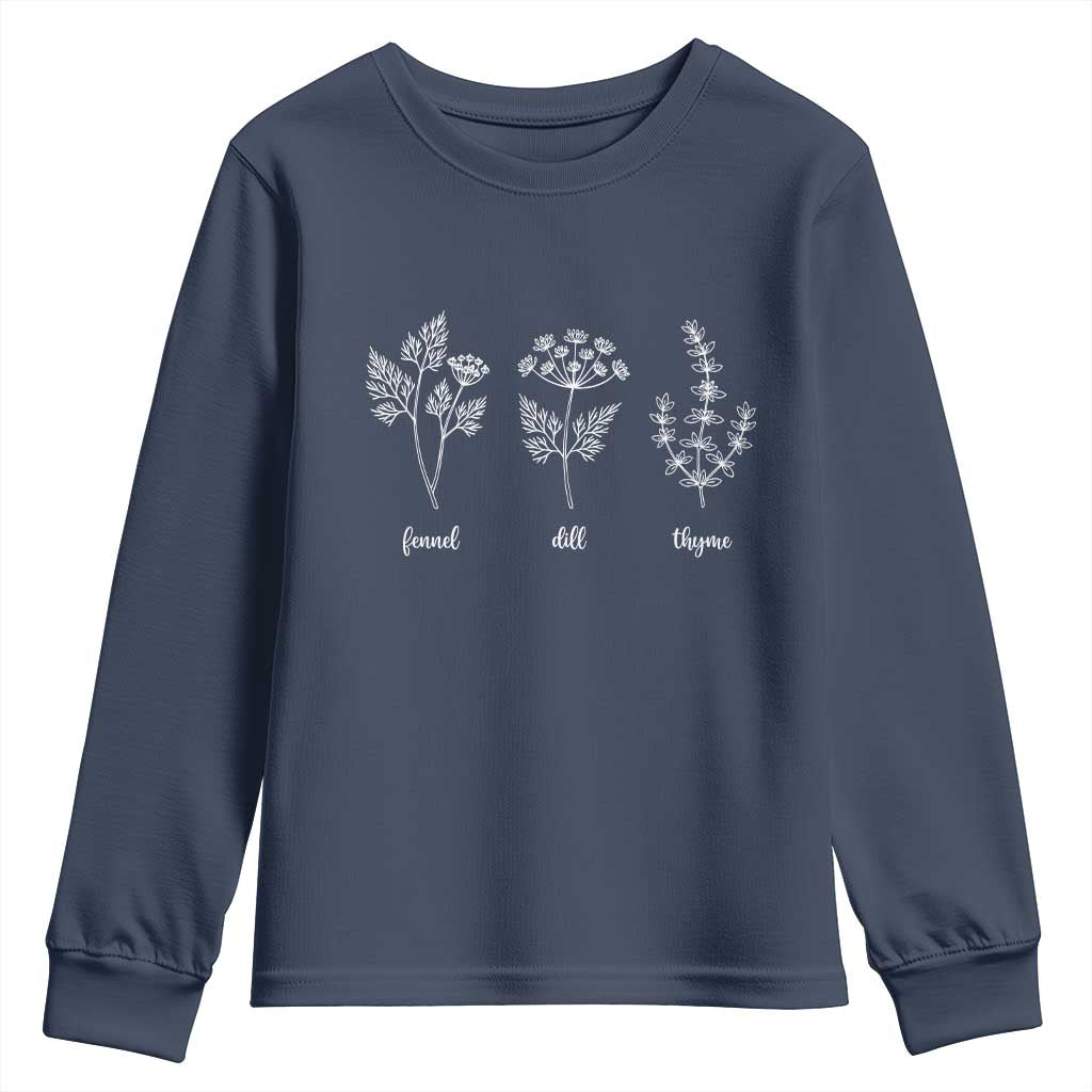 Fennel Dill Thyme Subtle FDT Youth Sweatshirt Botanical Herb Line Art Political Satire
