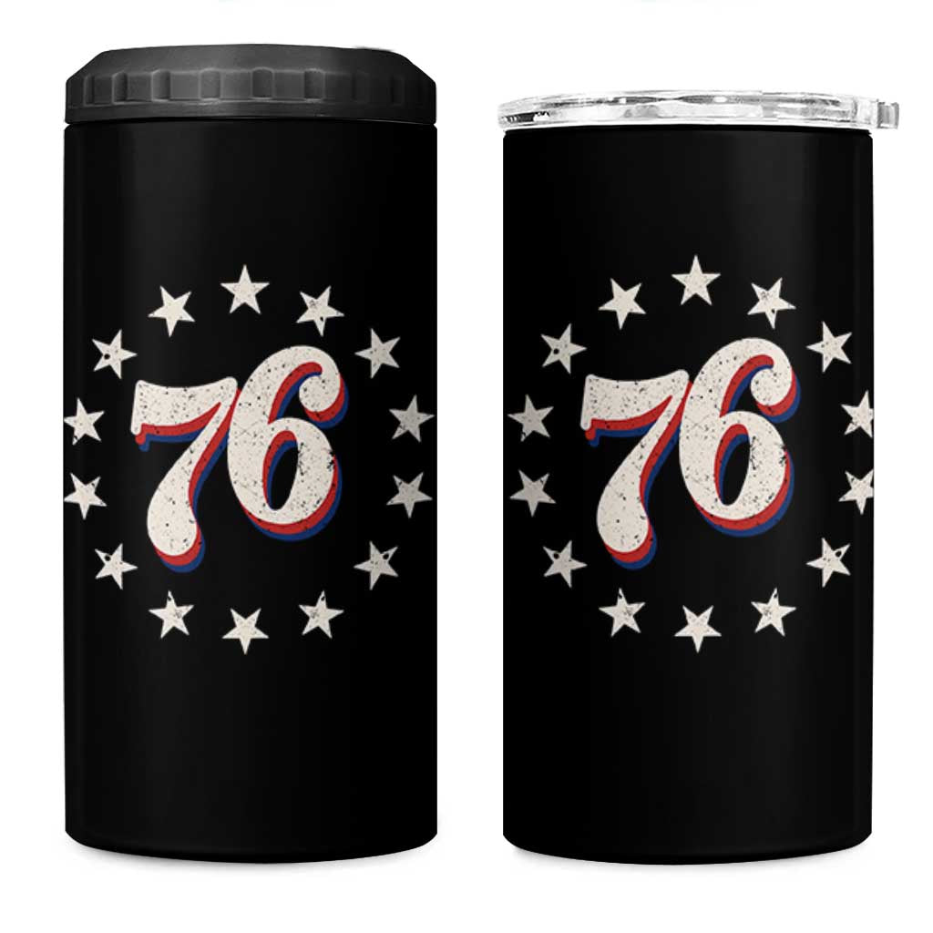 Patriotic Retro 76 American Flag Stars Circle 4 in 1 Can Cooler Tumbler 1976 Milestone Birthday Graphic