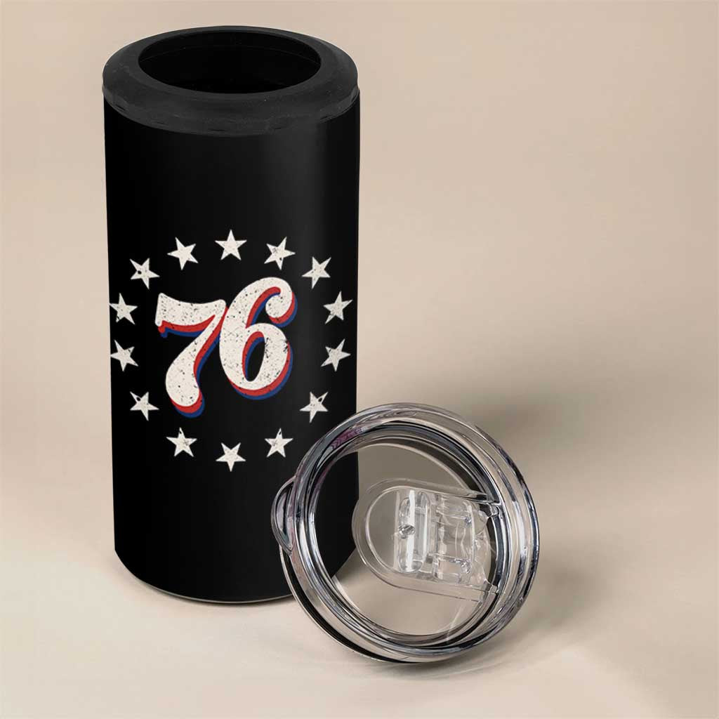 Patriotic Retro 76 American Flag Stars Circle 4 in 1 Can Cooler Tumbler 1976 Milestone Birthday Graphic