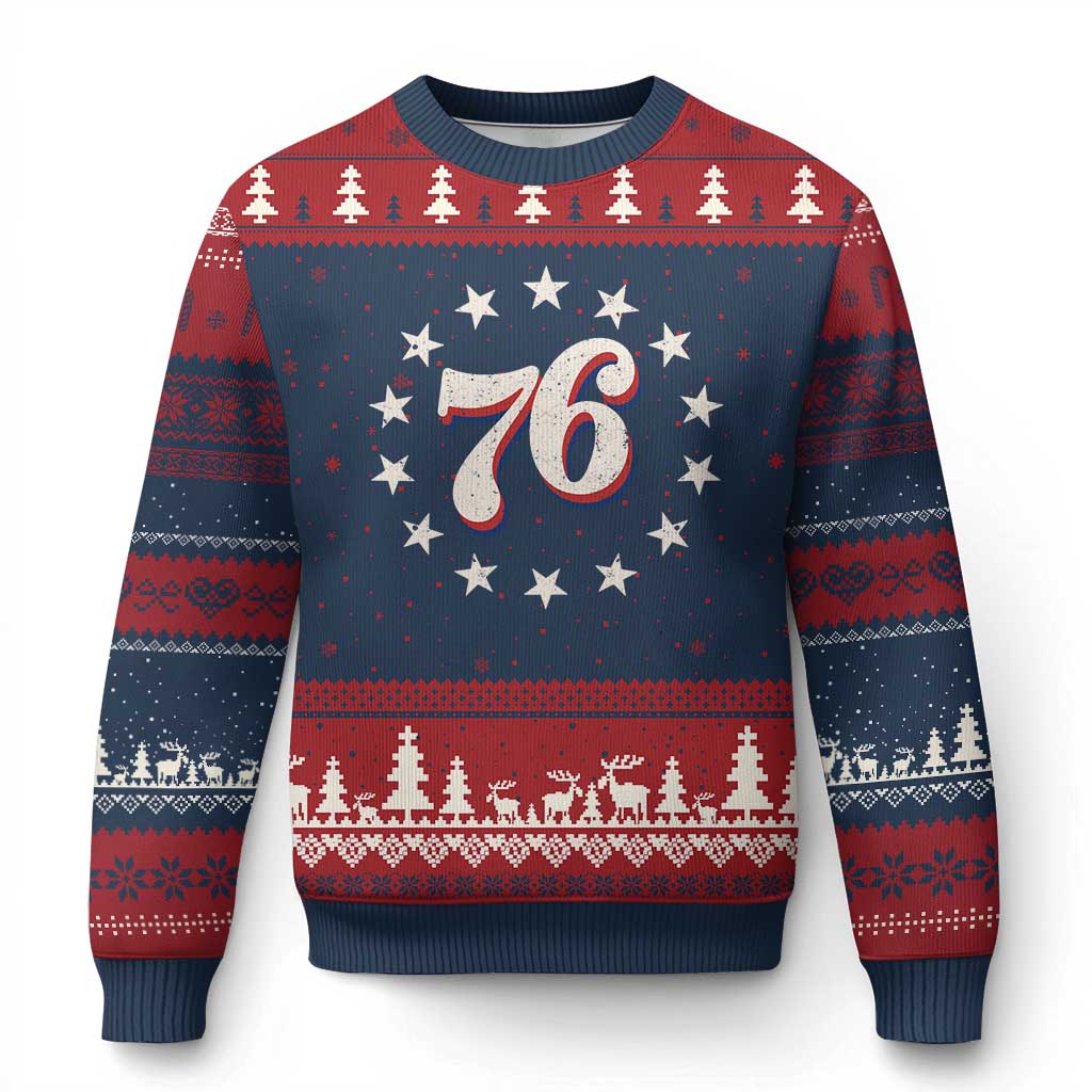 Patriotic Retro 76 American Flag Stars Circle Ugly Christmas Sweater 1976 Milestone Birthday Graphic