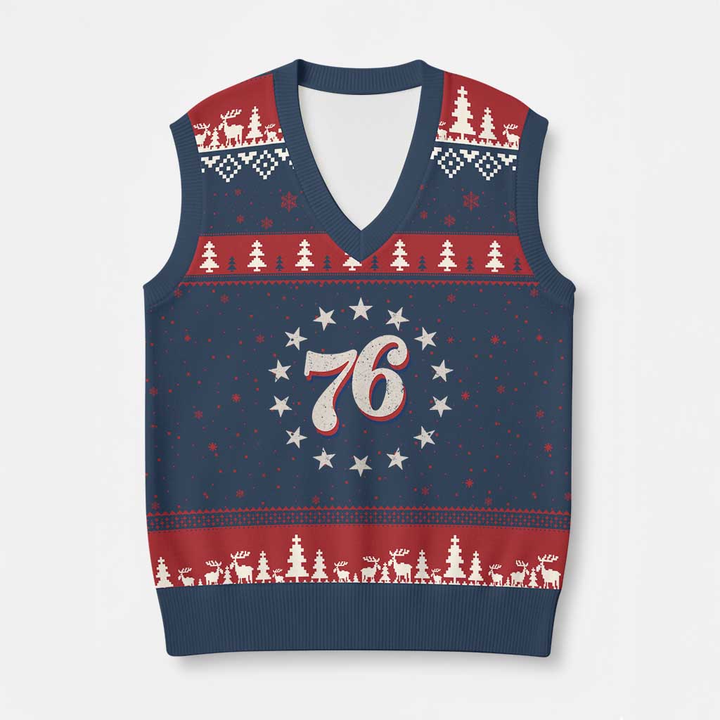 Patriotic Retro 76 American Flag Stars Circle V-Neck Knit Sweater Vest 1976 Milestone Birthday Graphic