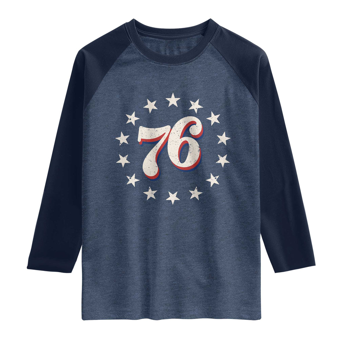 Patriotic Retro 76 American Flag Stars Circle Raglan Shirt 1976 Milestone Birthday Graphic