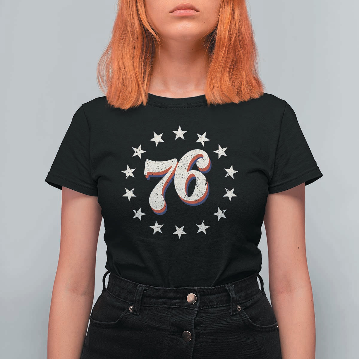 Patriotic Retro 76 American Flag Stars Circle T Shirt For Women 1976 Milestone Birthday Graphic