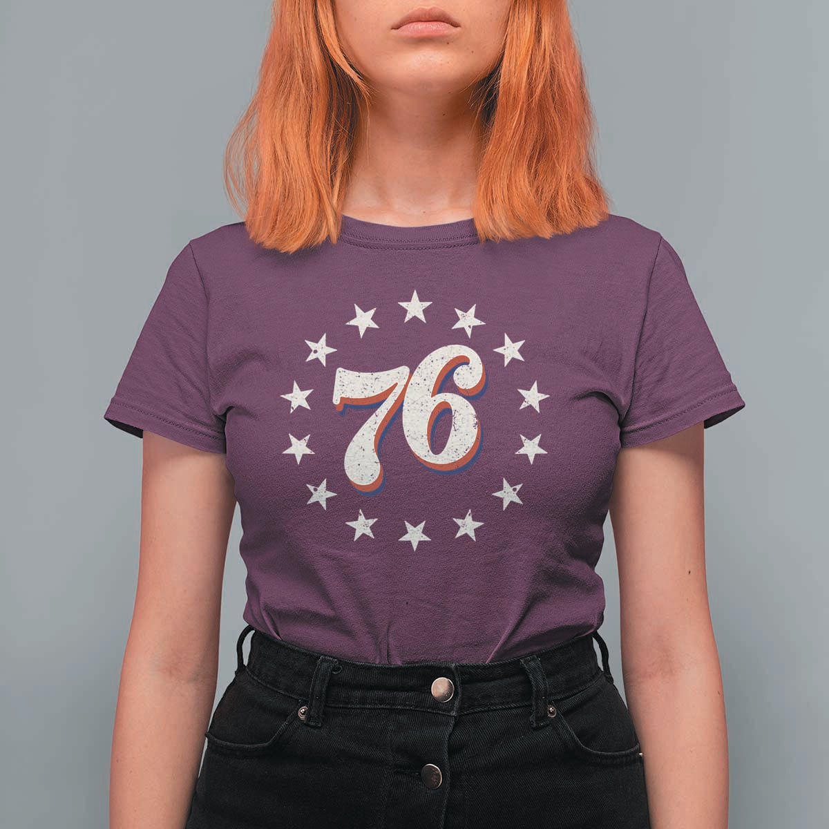 Patriotic Retro 76 American Flag Stars Circle T Shirt For Women 1976 Milestone Birthday Graphic