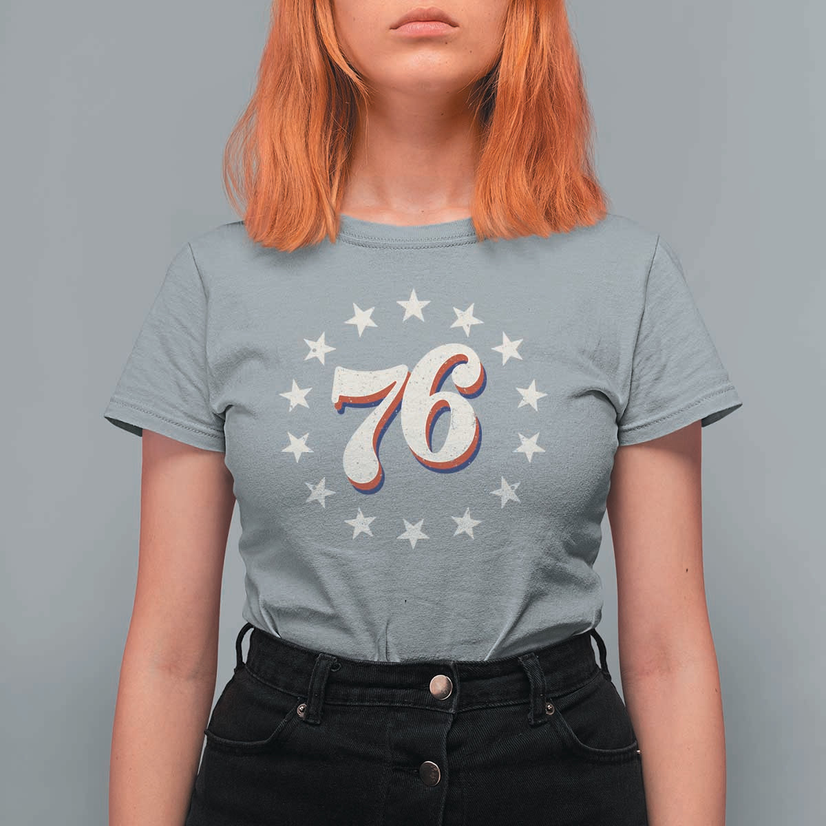 Patriotic Retro 76 American Flag Stars Circle T Shirt For Women 1976 Milestone Birthday Graphic