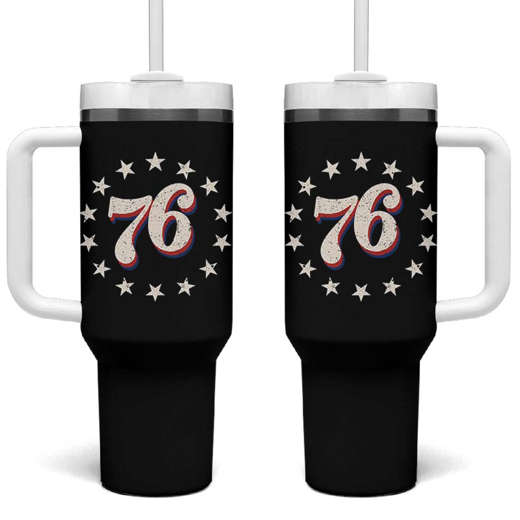 Patriotic Retro 76 American Flag Stars Circle Tumbler With Handle 1976 Milestone Birthday Graphic