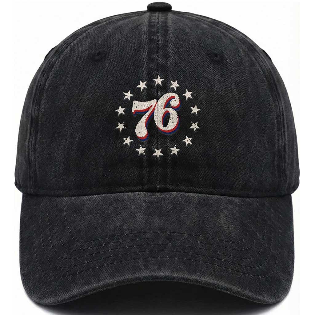 Patriotic Retro 76 American Flag Stars Circle Washed Cotton Baseball Cap 1976 Milestone Birthday Graphic
