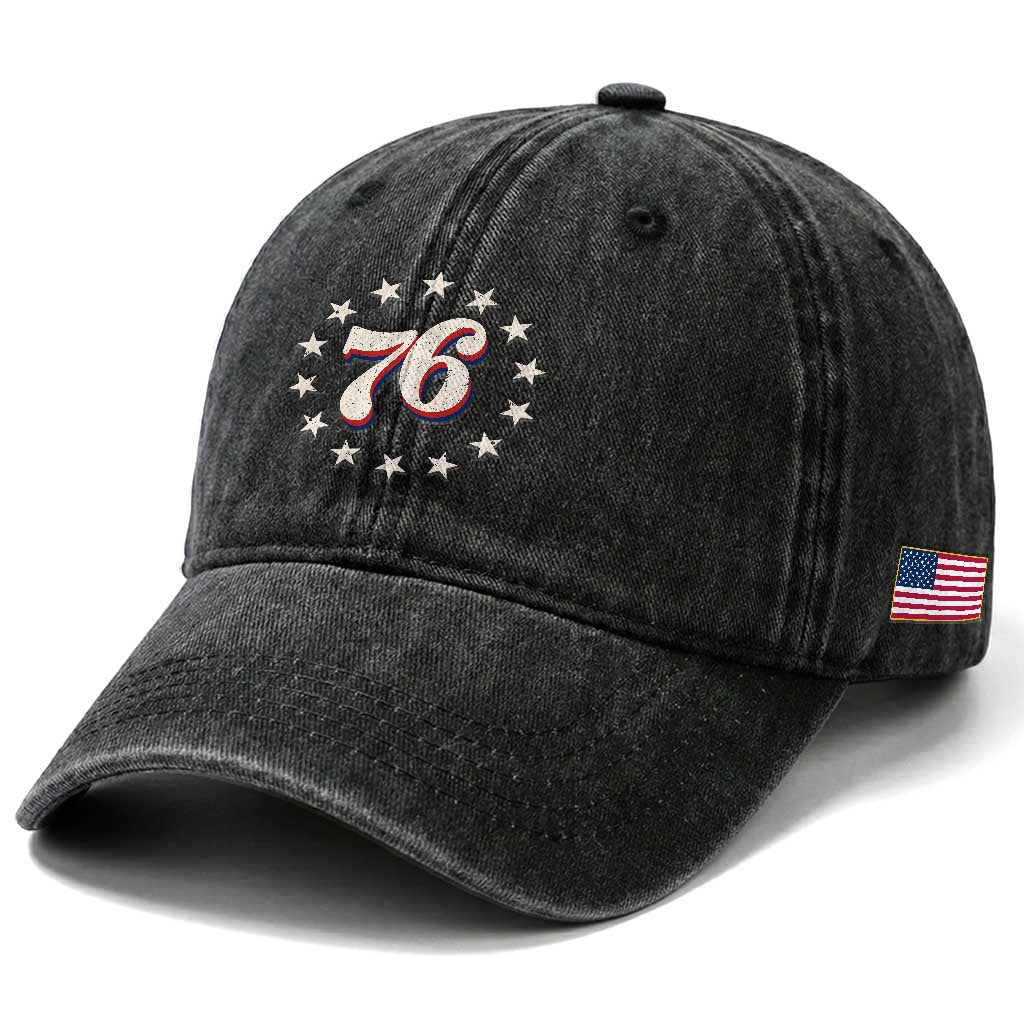 Patriotic Retro 76 American Flag Stars Circle Washed Cotton Baseball Cap 1976 Milestone Birthday Graphic