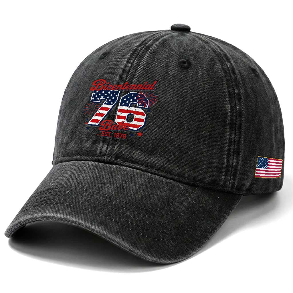 Retro Bicentennial Babe Est 1976 Washed Cotton Baseball Cap 4th of July 50th Birthday Gift
