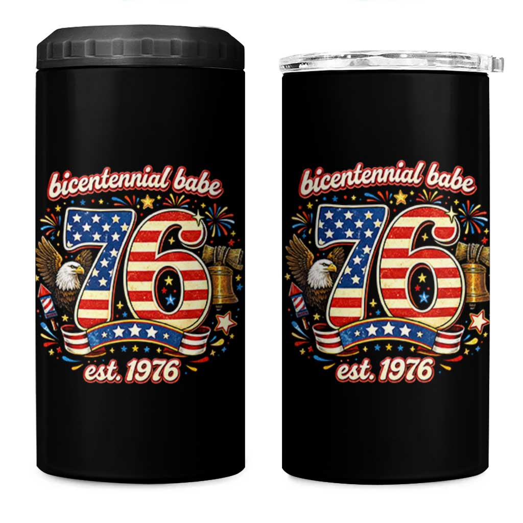 Patriotic Bicentennial Babe Est 1976 4 in 1 Can Cooler Tumbler Eagle Fireworks 50th Birthday