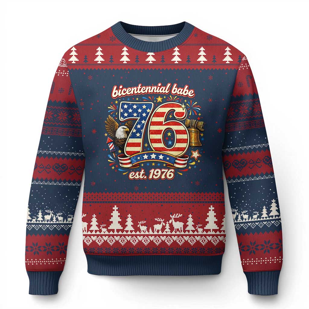 Patriotic Bicentennial Babe Est 1976 Ugly Christmas Sweater Eagle Fireworks 50th Birthday
