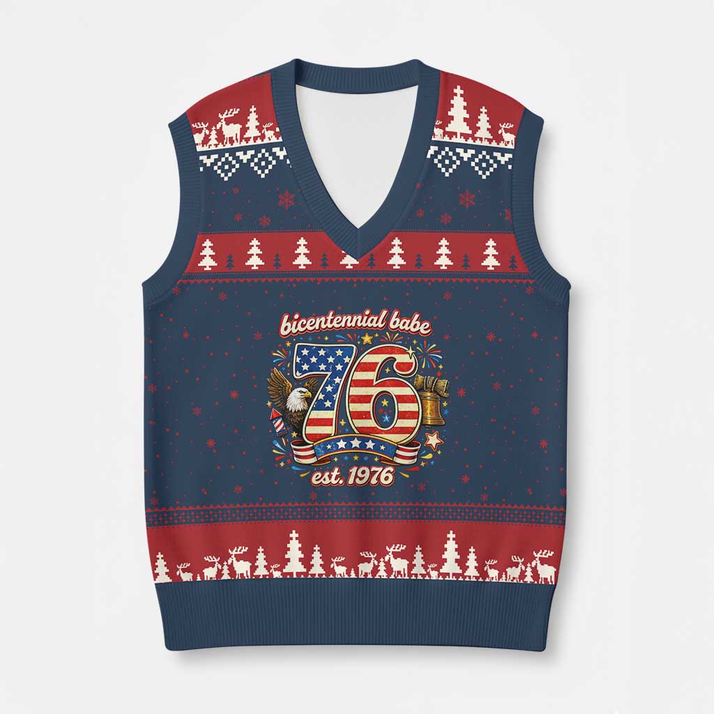 Patriotic Bicentennial Babe Est 1976 V-Neck Knit Sweater Vest Eagle Fireworks 50th Birthday