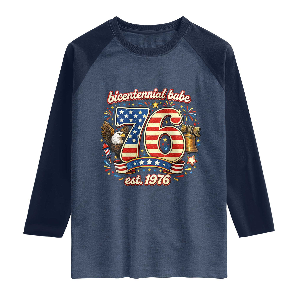Patriotic Bicentennial Babe Est 1976 Raglan Shirt Eagle Fireworks 50th Birthday