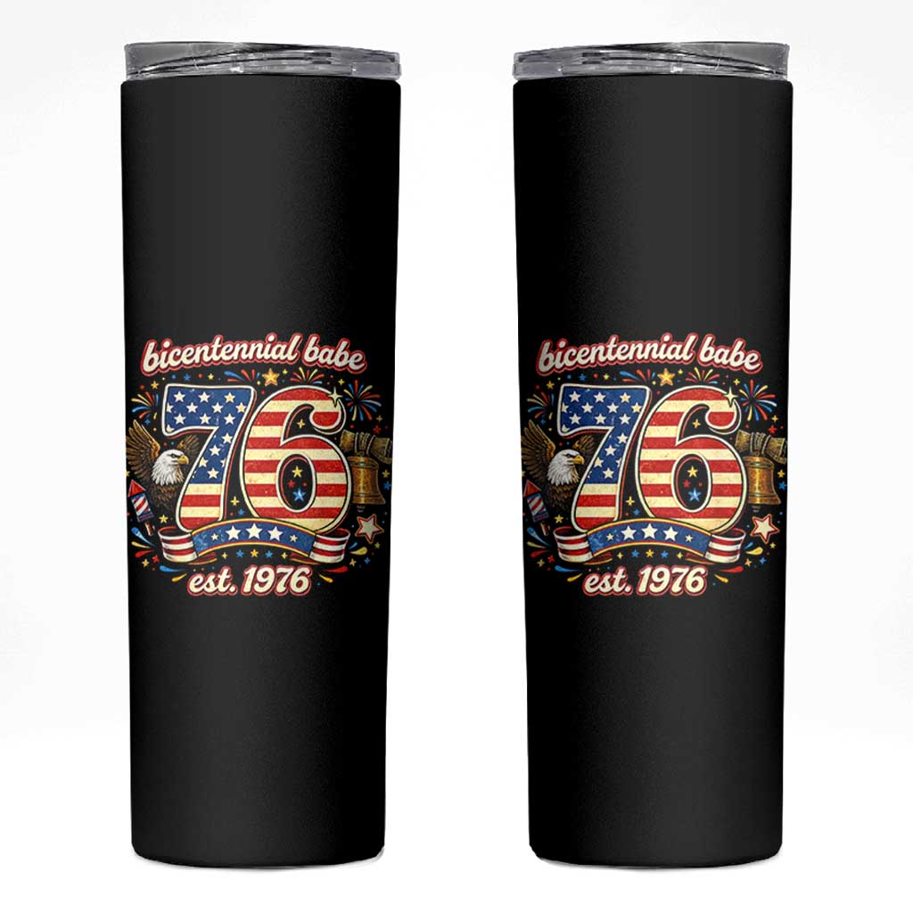 Patriotic Bicentennial Babe Est 1976 Skinny Tumbler Eagle Fireworks 50th Birthday