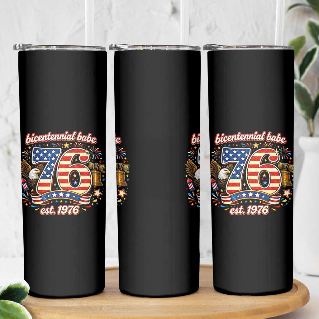 Patriotic Bicentennial Babe Est 1976 Skinny Tumbler Eagle Fireworks 50th Birthday