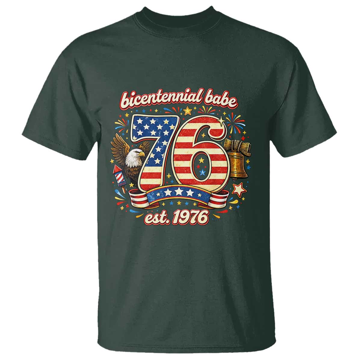 Patriotic Bicentennial Babe Est 1976 T Shirt Eagle Fireworks 50th Birthday