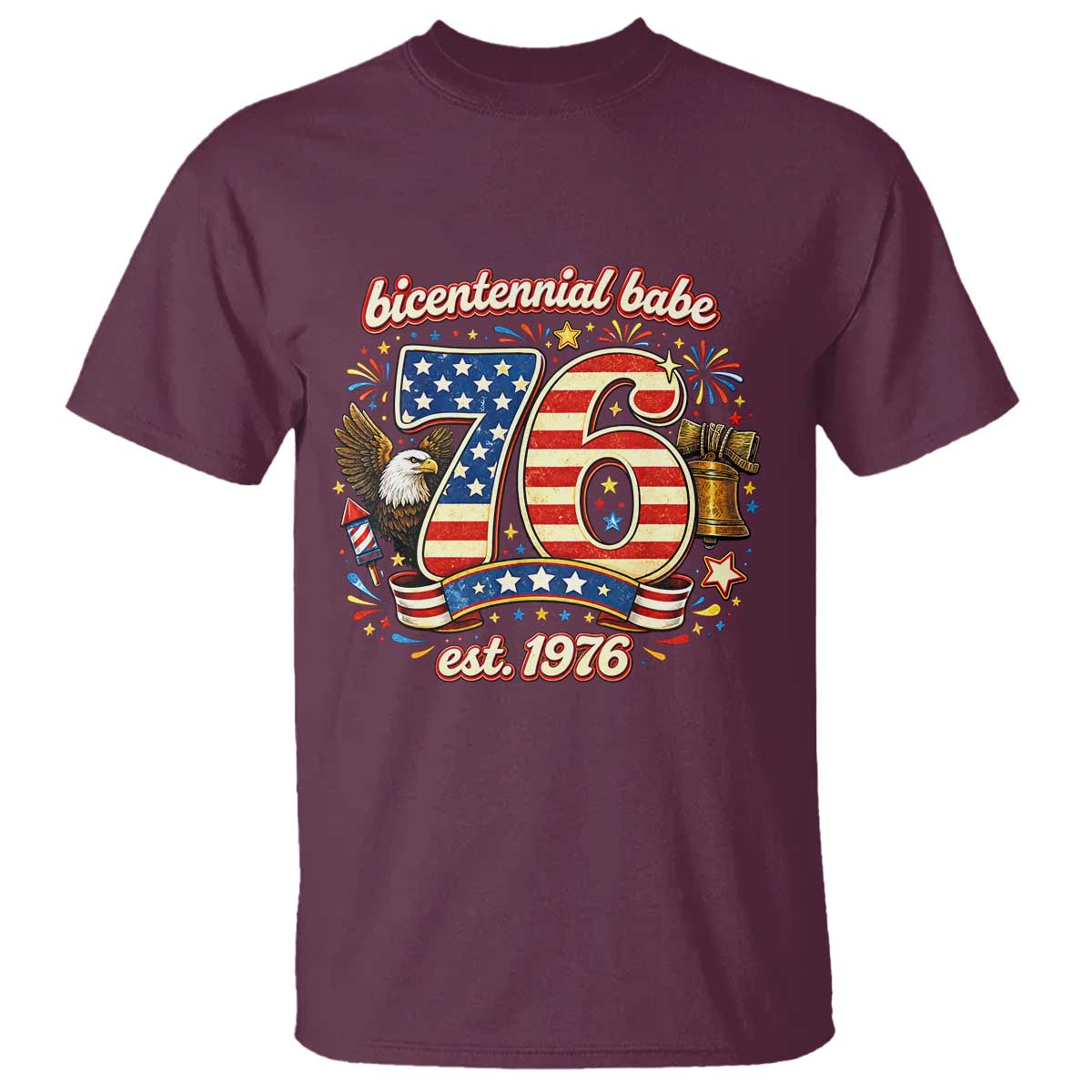 Patriotic Bicentennial Babe Est 1976 T Shirt Eagle Fireworks 50th Birthday