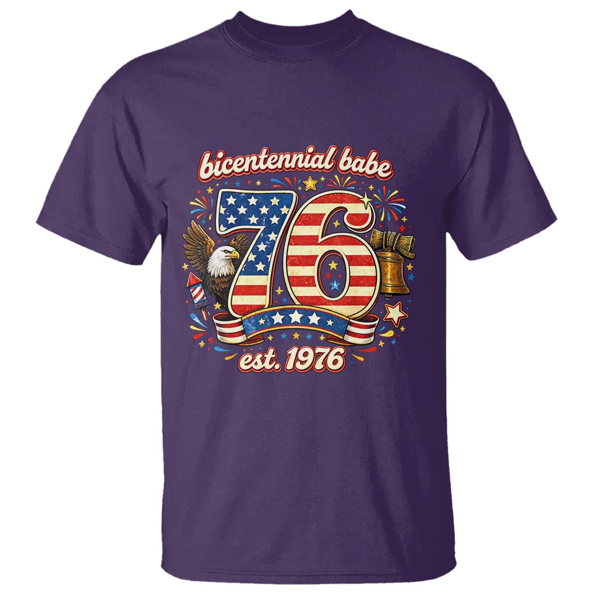 Patriotic Bicentennial Babe Est 1976 T Shirt Eagle Fireworks 50th Birthday