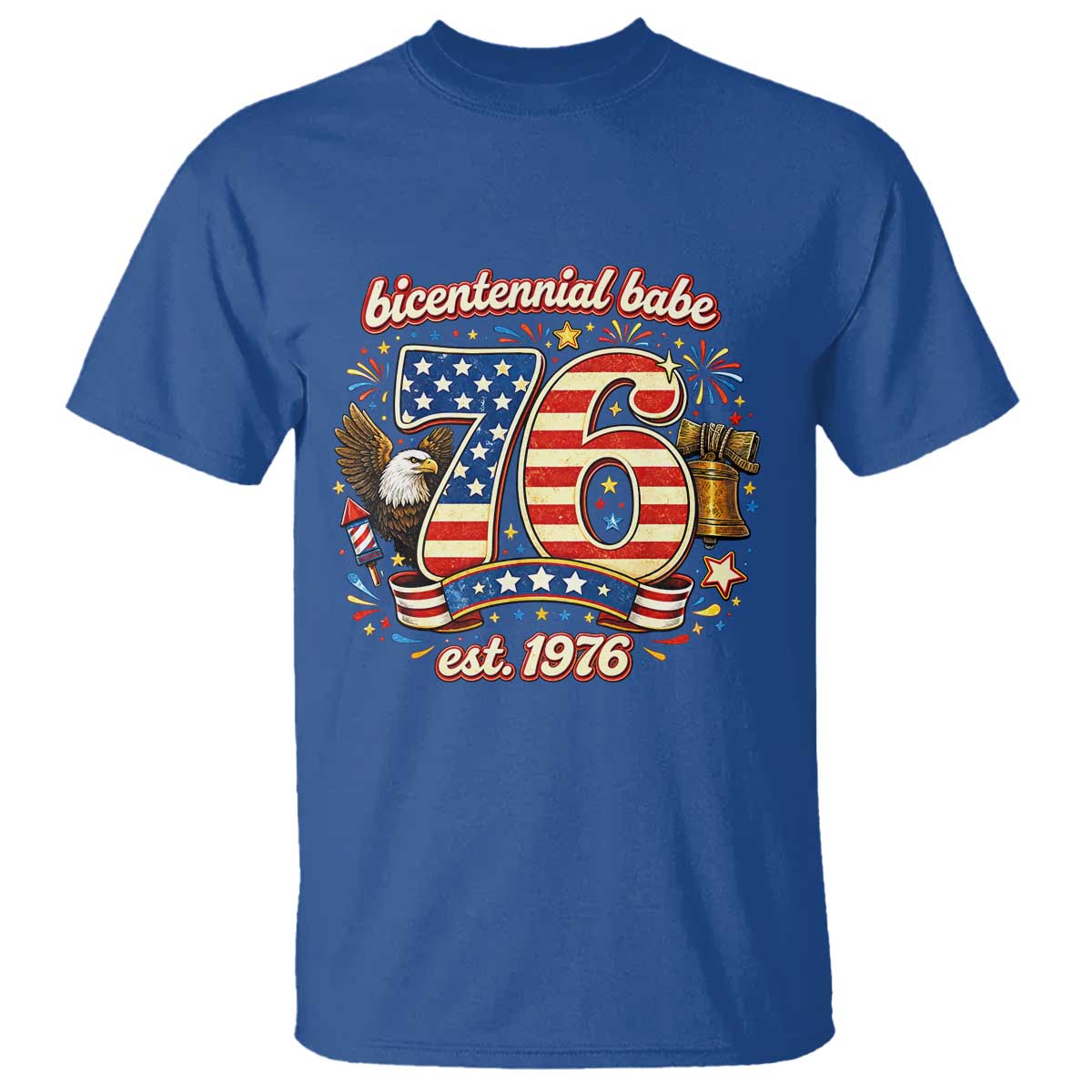 Patriotic Bicentennial Babe Est 1976 T Shirt Eagle Fireworks 50th Birthday