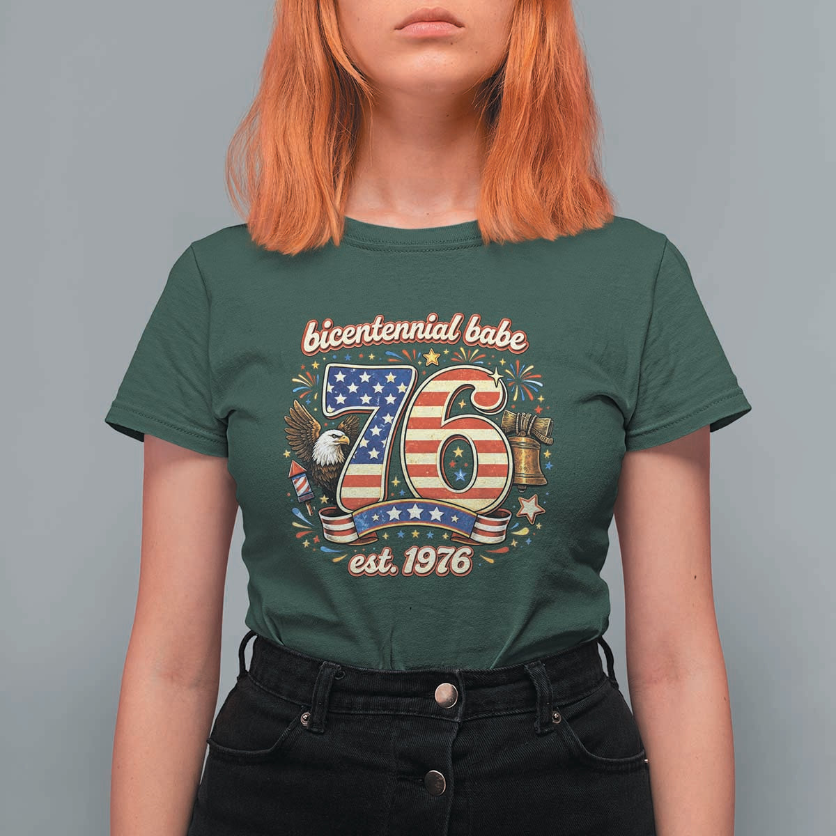 Patriotic Bicentennial Babe Est 1976 T Shirt For Women Eagle Fireworks 50th Birthday