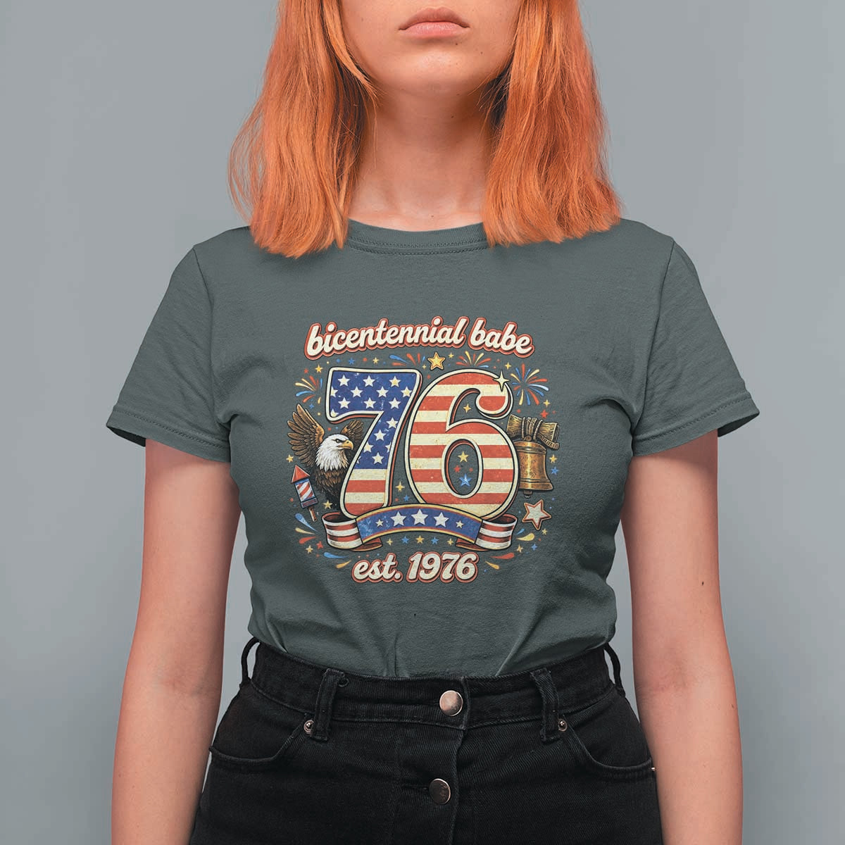 Patriotic Bicentennial Babe Est 1976 T Shirt For Women Eagle Fireworks 50th Birthday