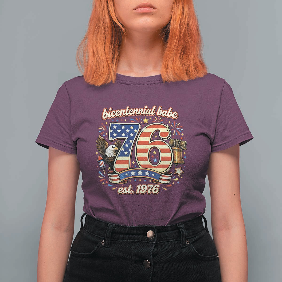 Patriotic Bicentennial Babe Est 1976 T Shirt For Women Eagle Fireworks 50th Birthday