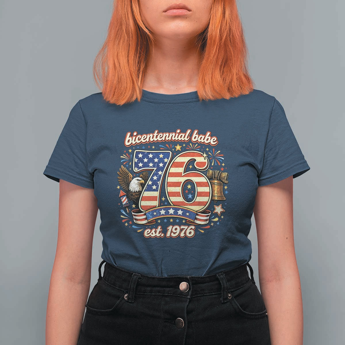 Patriotic Bicentennial Babe Est 1976 T Shirt For Women Eagle Fireworks 50th Birthday