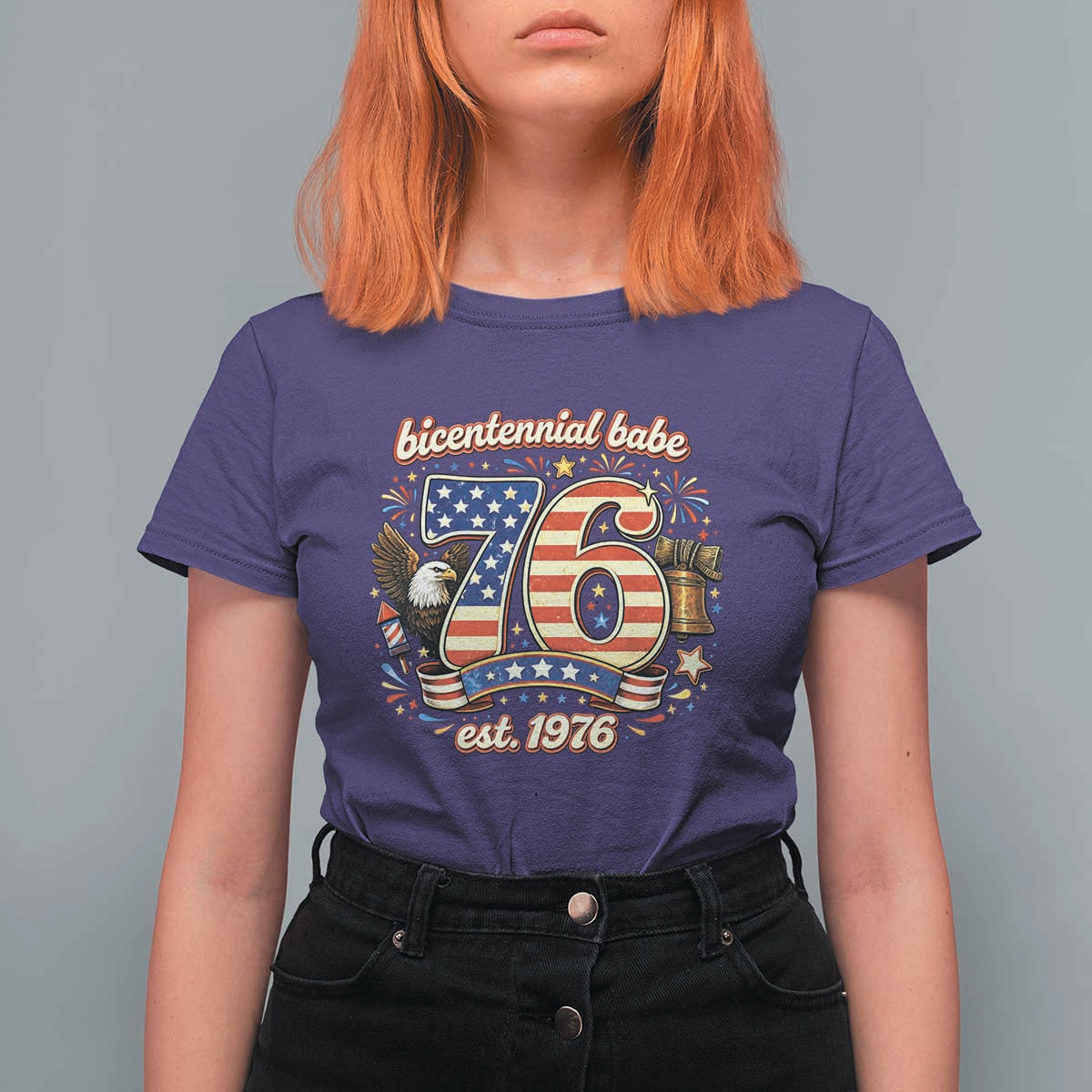 Patriotic Bicentennial Babe Est 1976 T Shirt For Women Eagle Fireworks 50th Birthday