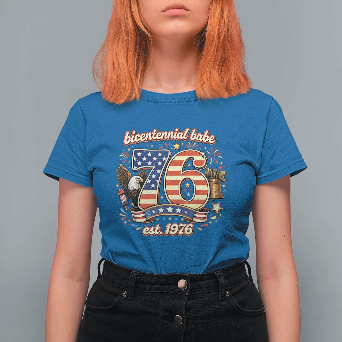 Patriotic Bicentennial Babe Est 1976 T Shirt For Women Eagle Fireworks 50th Birthday