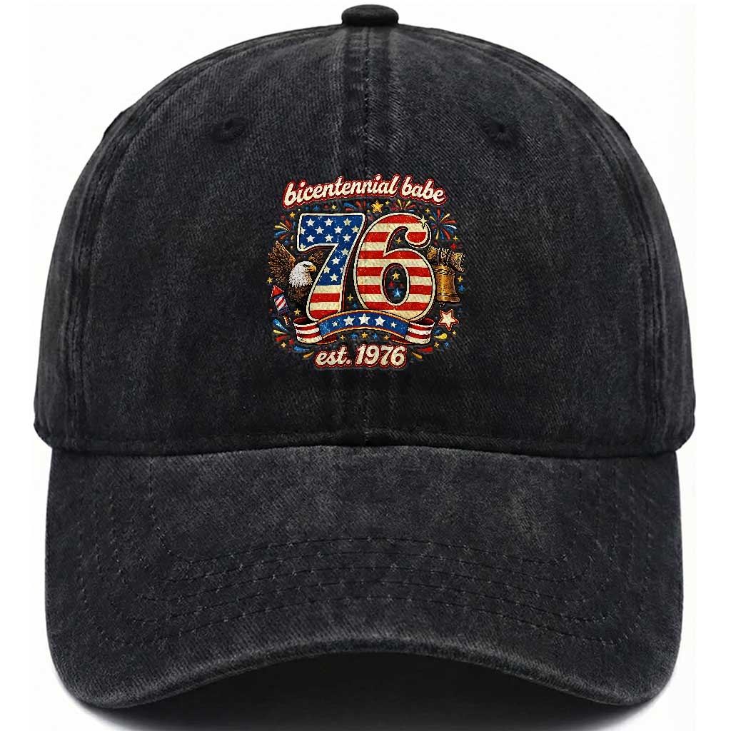 Patriotic Bicentennial Babe Est 1976 Washed Cotton Baseball Cap Eagle Fireworks 50th Birthday