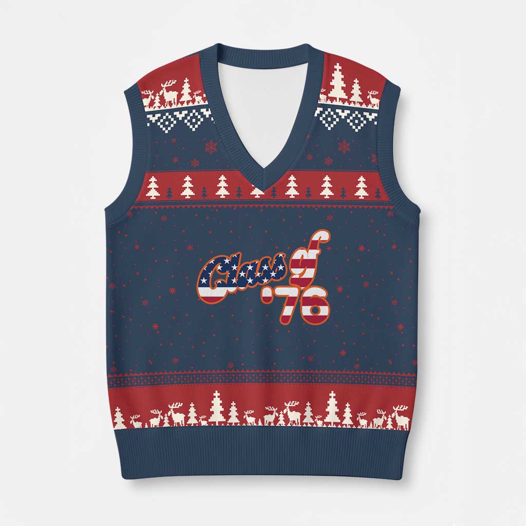 Patriotic Class of 76 Retro American Flag Script V-Neck Knit Sweater Vest Graduation Birthday Milestone
