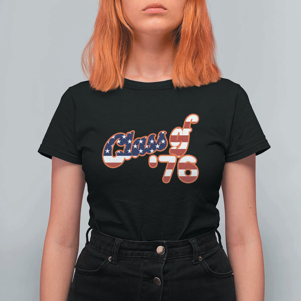 Patriotic Class of 76 Retro American Flag Script T Shirt For Women Graduation Birthday Milestone