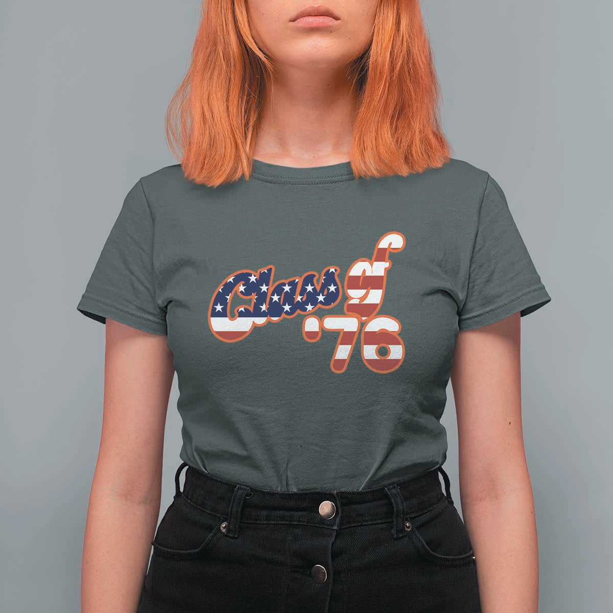 Patriotic Class of 76 Retro American Flag Script T Shirt For Women Graduation Birthday Milestone